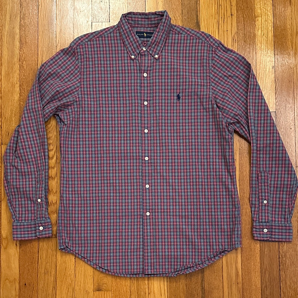 Polo by Ralph Lauren Men's Large Checkered Red and Blue Long-Sleeved Dress Shirt